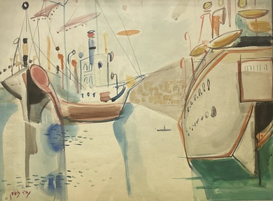 Nachum Gutman, 1898-1980, Tel Aviv harbor, 1968,Watercolor,  50X66 cm. Sold for $ 3,840.